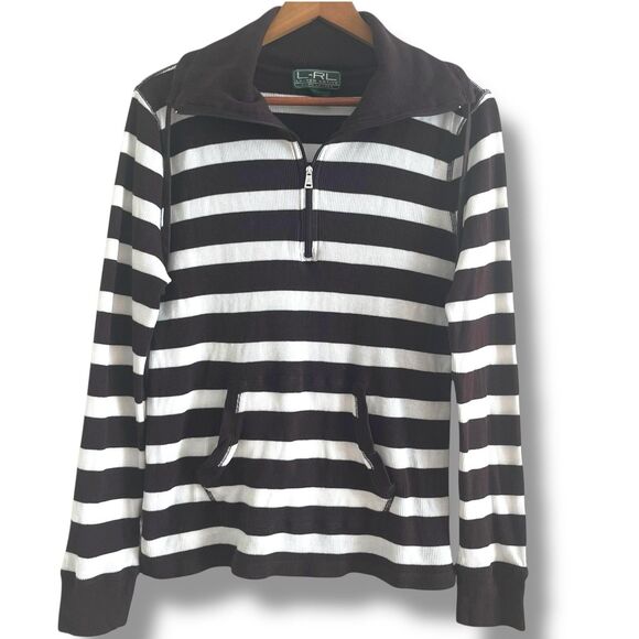 Ralph Lauren Active Ribbed Stripe Quarter Zip Polo Top L Brown Y2K Academia Prep - Picture 1 of 8